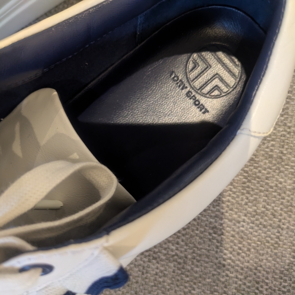 Tory Burch Sport White & Blue Leather Sneakers | Minimalist Casual Shoes - Picture 8 of 12